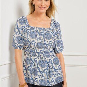 Talbots Blue White Floral Chrysanthemum Trellis Smocked Peplum Top